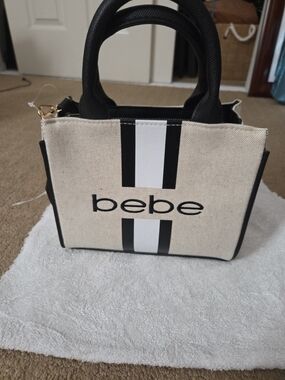 bebe Cream and Black Mini Tote with Stripe Logo
